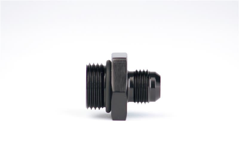 Aeromotive ORB-08 to AN-06 male flare reducer fitting showing metal construction and threaded ends for automotive fuel or oil systems.