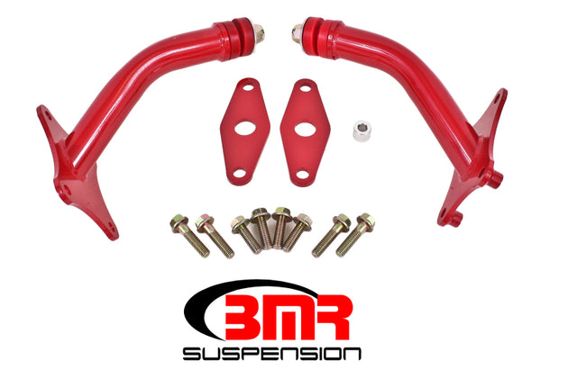Red polyurethane BMR 16-17 6th Gen Camaro engine motor mount kit with integrated stands, designed for high-performance vehicle stability.