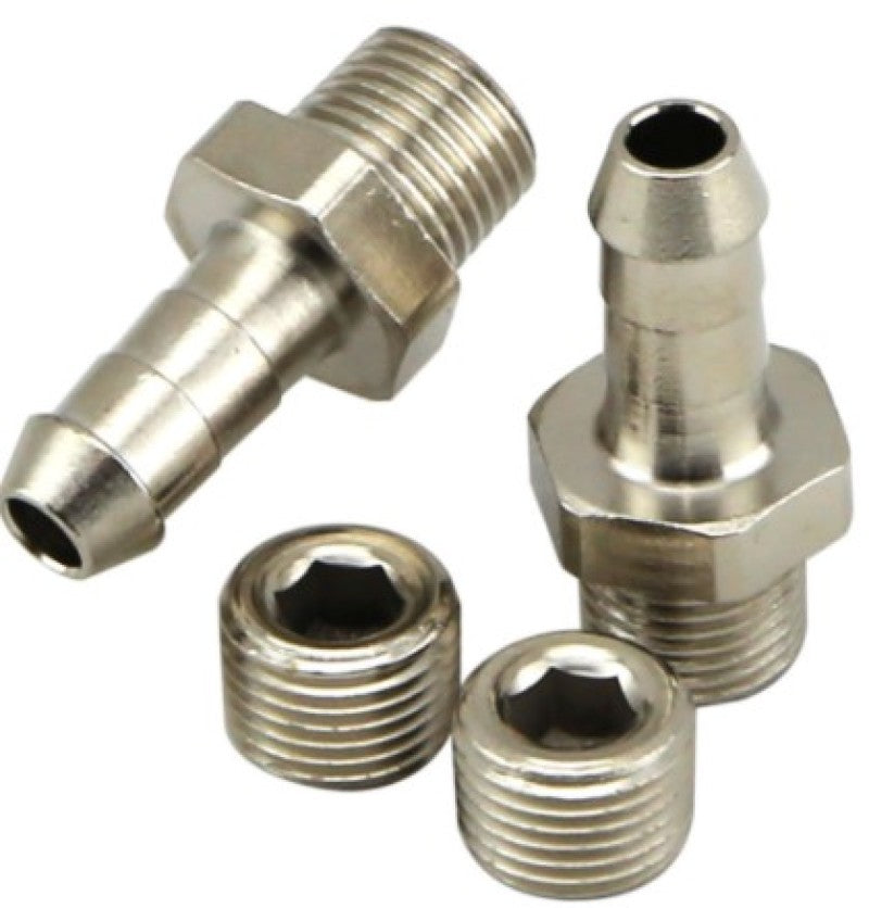 Turbosmart 1/8in NPT 6mm hose tail fittings and blanks for automotive fluid connections, shown in close-up.