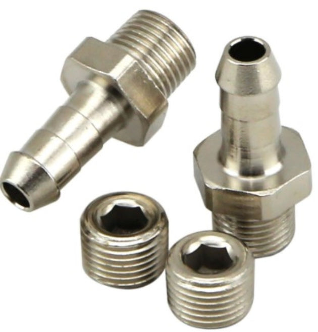 Turbosmart 1/8in NPT 6mm hose tail fittings and blanks for automotive fluid connections, shown in close-up.