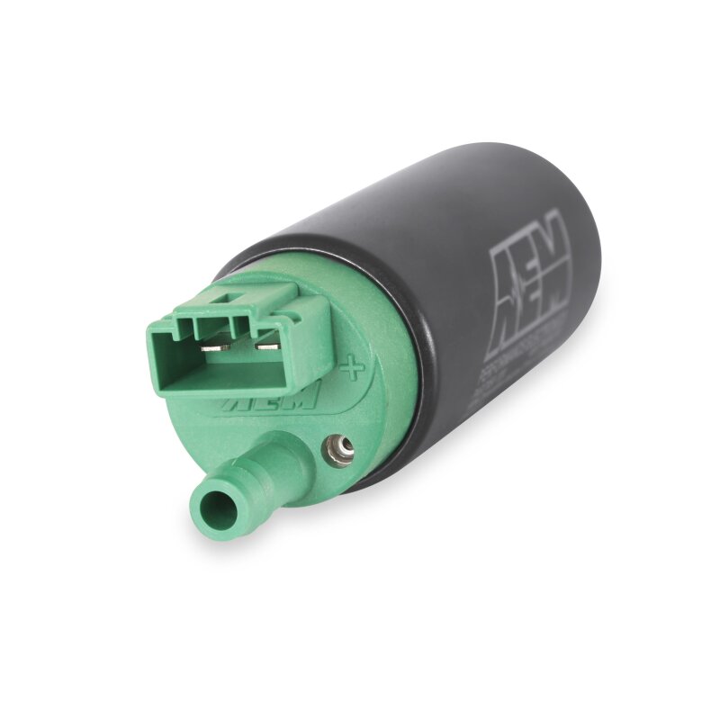 AEM 400 LPH high flow in-tank fuel pump kit with double barb fittings, ethanol compatible, installed in a vehicle fuel tank.