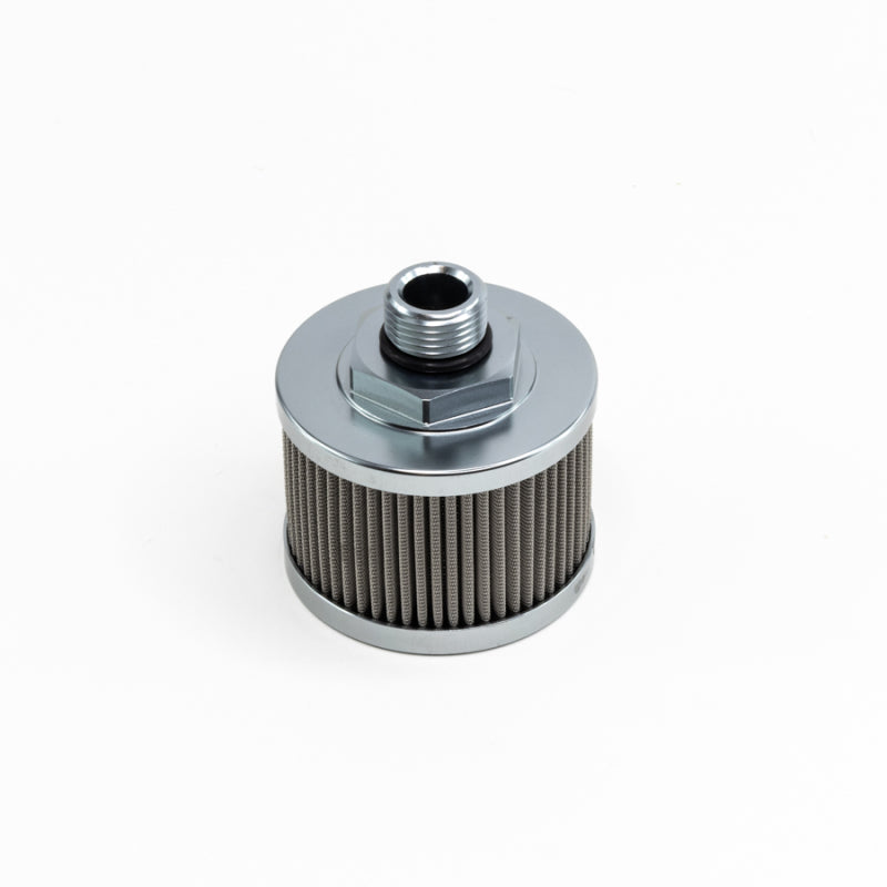 DeatschWerks stainless steel 8AN fuel pump pre-filter with 100 micron mesh for universal use, shown in a close-up image.