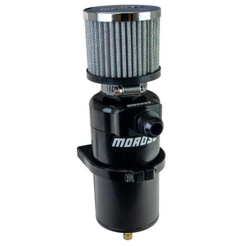 Moroso black billet aluminum single inlet -10AN oil catch can with breather tank, designed for vehicle engine ventilation.