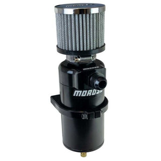 Moroso black billet aluminum single inlet -10AN oil catch can with breather tank for automotive engine ventilation.