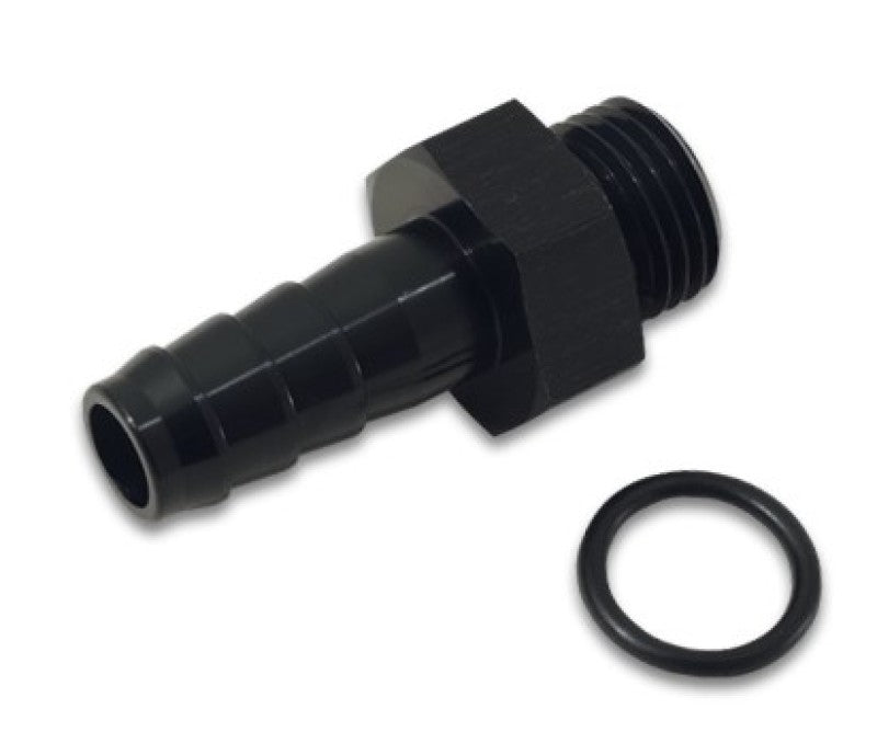 Vibrant Aluminum -8AN ORB to 1/2 inch barb fitting with O-ring in black anodized finish, designed for automotive or fluid connections.