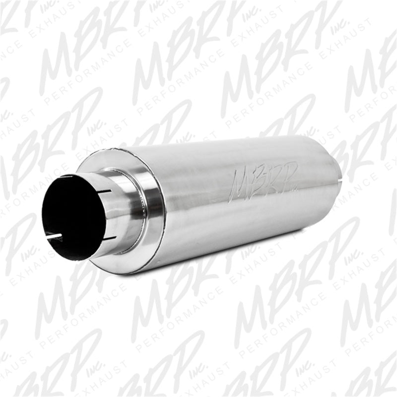 MBRP universal quiet tone muffler with 5-inch inlet and outlet, 8-inch diameter body, 31-inch overall length, shown in image.