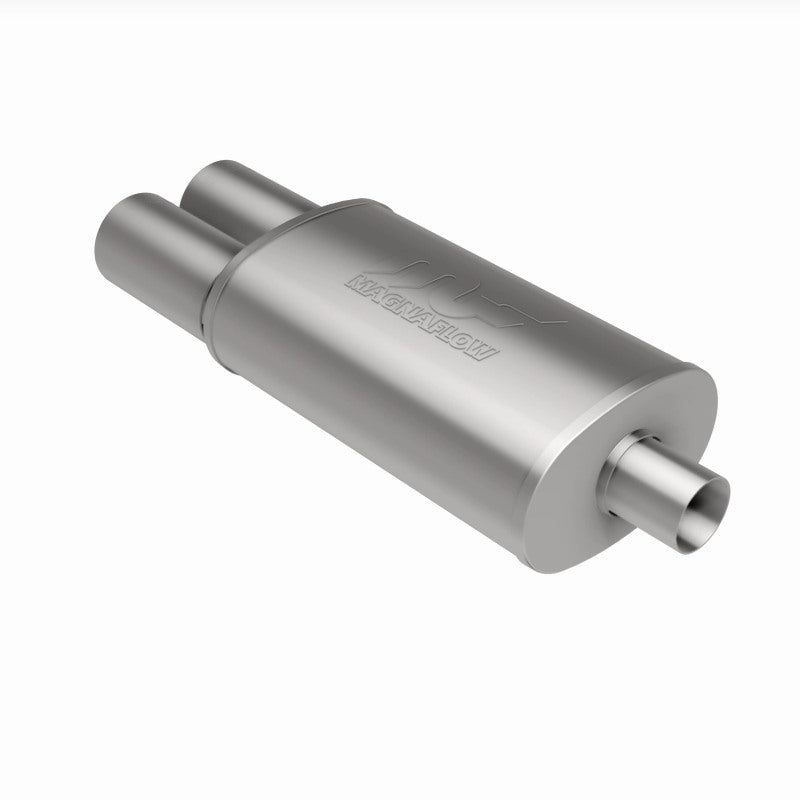 MagnaFlow muffler with stainless steel tip, 14x5x8 inch size, featuring dual inlet and outlet pipes for car exhaust system.