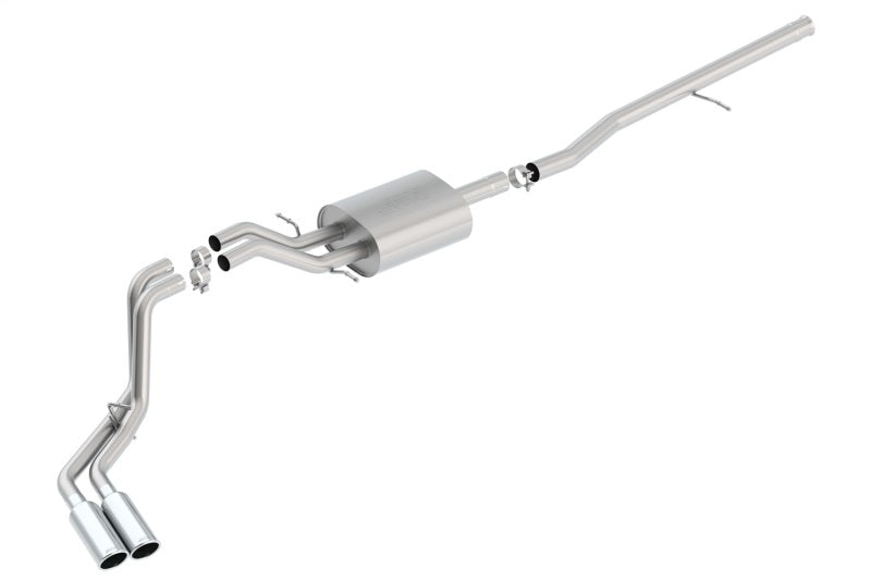 Borla S-Type cat-back exhaust system for 2014 Sierra 1500 extended cab with side exit, short bed, 143.5-inch wheelbase.