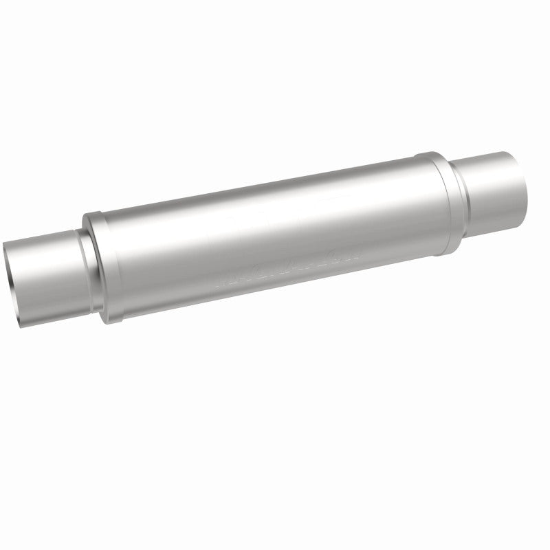 MagnaFlow Mag SS 4x14x14 muffler showing a polished stainless steel exterior and inlet/outlet pipes for 4x4 vehicles.