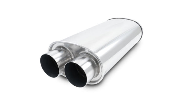 Vibrant Universal Streetpower 2.5-inch stainless steel dual in-out oval muffler with polished finish for car exhaust systems.
