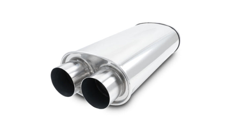 Vibrant Universal Streetpower 2.5-inch stainless steel dual in-out oval muffler with polished finish for car exhaust systems.