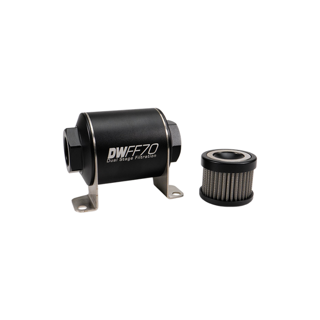 DeatschWerks stainless steel 10AN 10 micron inline fuel filter housing kit with mounting brackets on a white background
