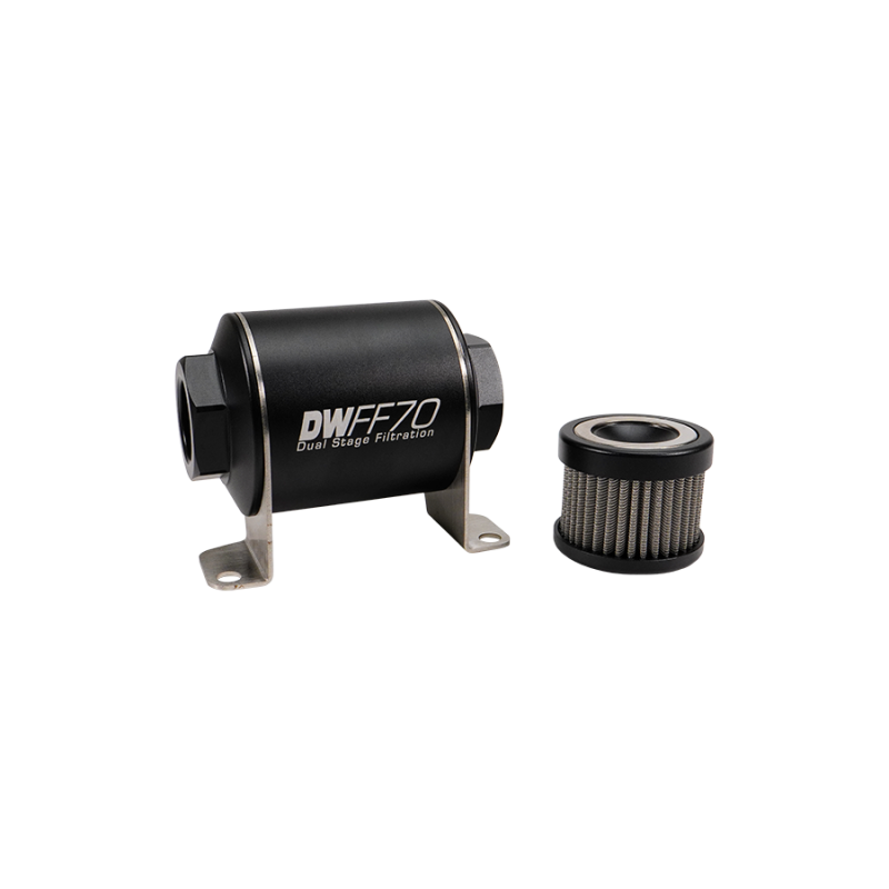 DeatschWerks stainless steel 10AN 10 micron inline fuel filter housing kit with mounting brackets on a white background