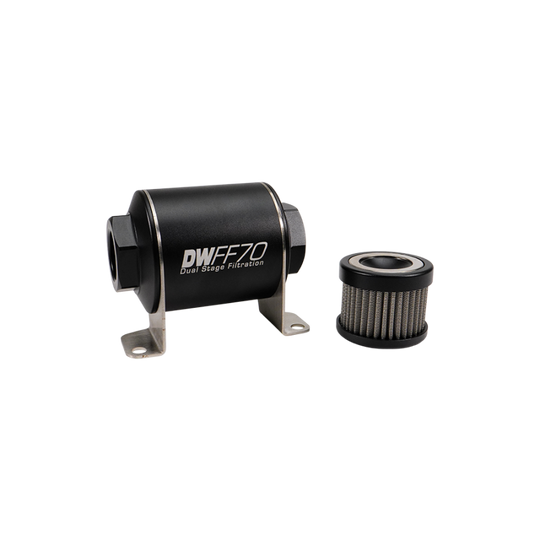 DeatschWerks stainless steel 8AN inline fuel filter housing kit with 100 micron filter, 70mm size, for automotive fuel systems.