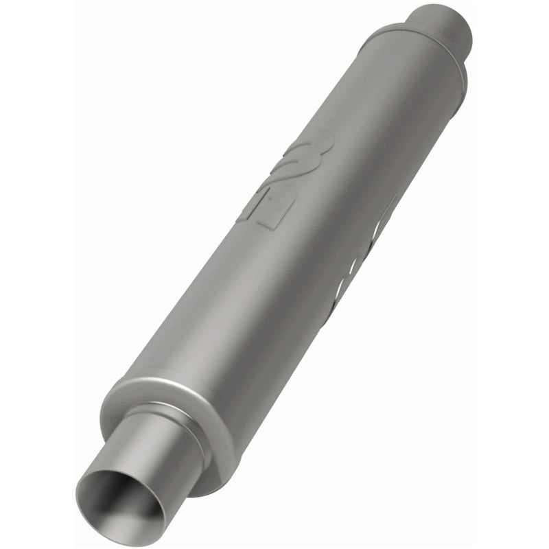MagnaFlow Mag SS muffler with 22x4x4 inch dimensions and 2.5 inch center inlet, shown in a close-up view.