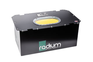 Radium Engineering R14A 14-gallon fuel cell with metal casing and fittings, designed for automotive fuel tank applications.