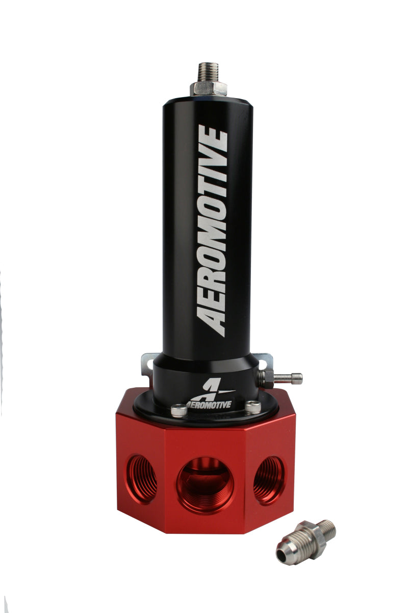 Aeromotive belt drive fuel pressure regulator for EFI systems, with adjustable knobs and connecting hoses.