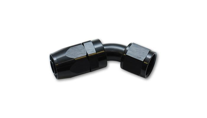 Vibrant -6AN 45-degree elbow hose end fitting for automotive or hydraulic hoses, made of durable metal with a polished finish.