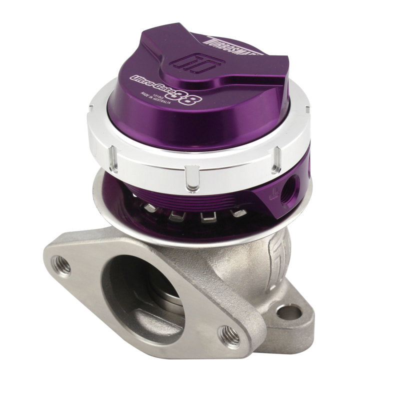 Turbosmart WG38 Gen V Ultragate 38 wastegate with purple exterior and 14psi pressure setting for turbocharged engines.