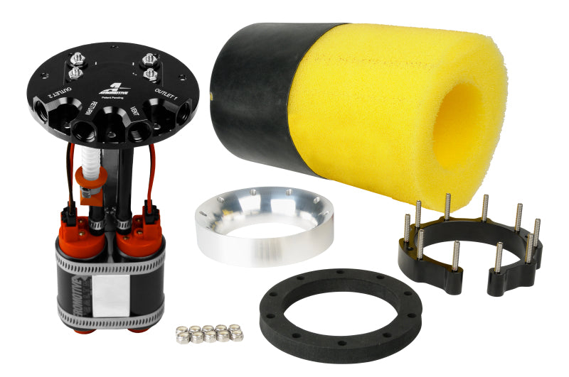 Aeromotive Phantom Dual 340 fuel pump for universal applications, showing the compact pump with wiring and mounting components.