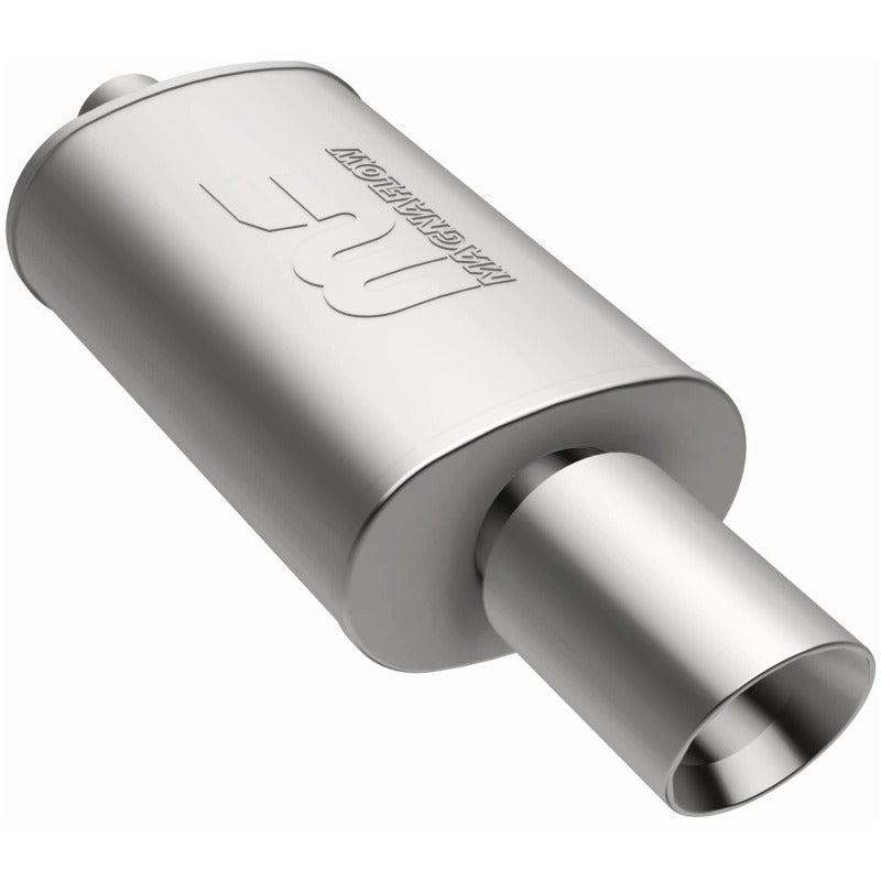 MagnaFlow stainless steel muffler with tip, 14x5x8 inches, featuring 2.25/4-inch inlet and outlet, automotive exhaust component