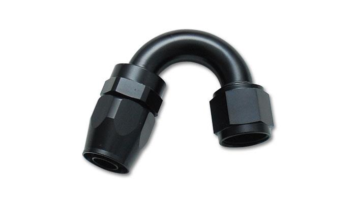Vibrant -10AN 150 degree elbow hose end fitting showing a black anodized aluminum fitting with angled design for hose connection.