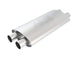Borla 2.25-inch dual inlet/outlet turbo XL muffler showing polished stainless steel body and dual exhaust tips.