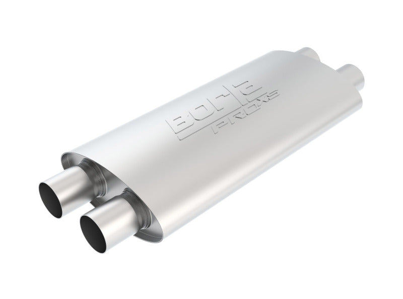 Borla 2.25-inch dual inlet/outlet turbo XL muffler showing polished stainless steel body and dual exhaust tips.