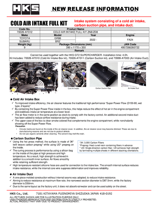 HKS Subaru ZN8 ZD8 cold air intake full kit with black intake pipe and filter, designed for improved engine airflow and performance.