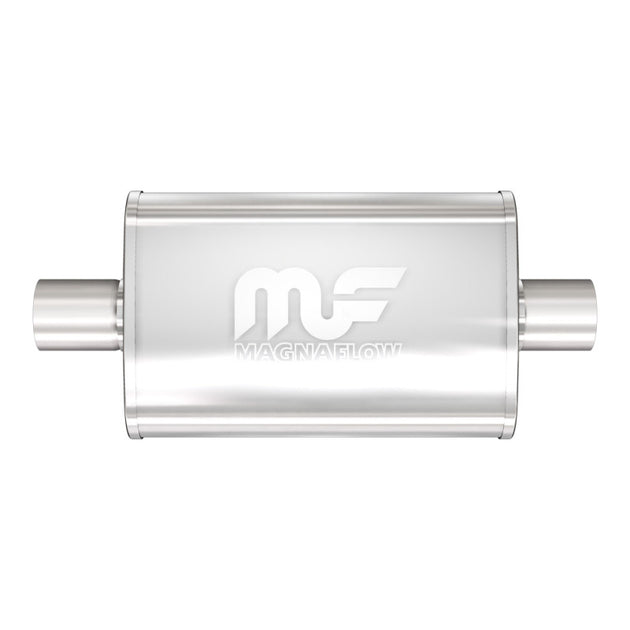 MagnaFlow Mag SS muffler with 14x4x9 inch size and dual 2.5-inch inlet and outlet pipes, shown in the image.