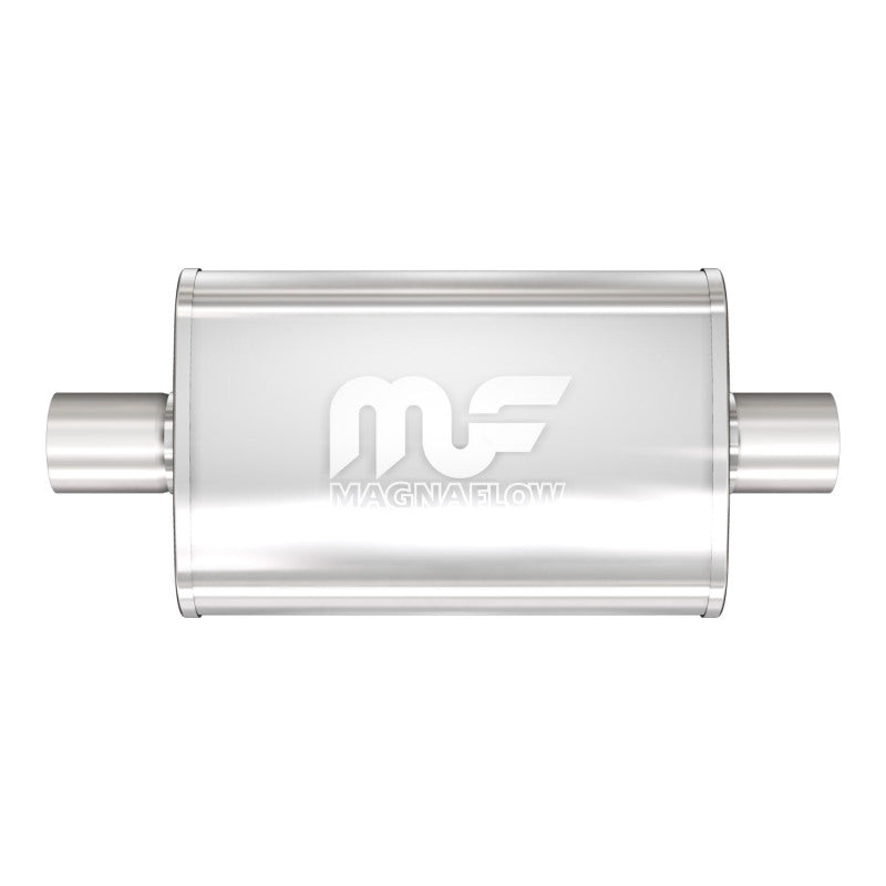 MagnaFlow Mag SS muffler with 14x4x9 inch size and dual 2.5-inch inlet and outlet pipes, shown in the image.