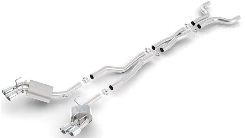 Borla catback exhaust system for Chevrolet Camaro ZL1 6.2L V8, featuring aggressive ATAK design, stainless steel pipes, and polished finish.