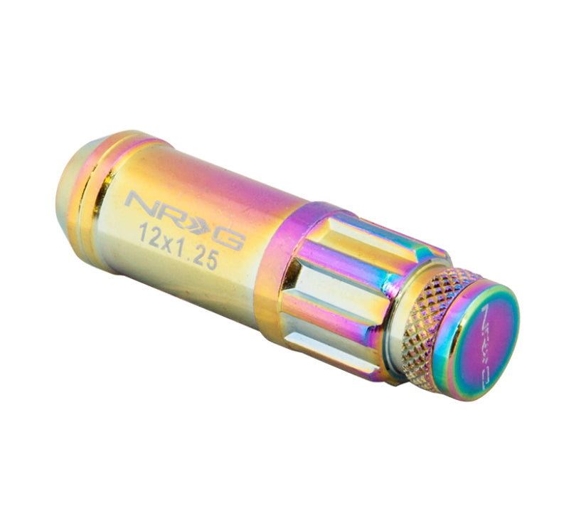 NRG 700 Series M12 x 1.5 steel lug nuts with dust cap cover set, locking lug nuts, and lock socket in neochrome finish.