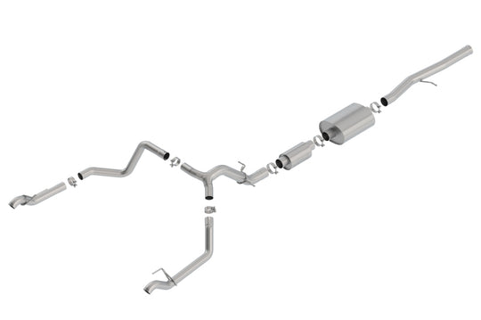 Borla catback exhaust system with factory tips for 2019 Chevrolet Silverado and GMC Sierra 1500 6.2L SS truck, showcasing polished muffler and tips.