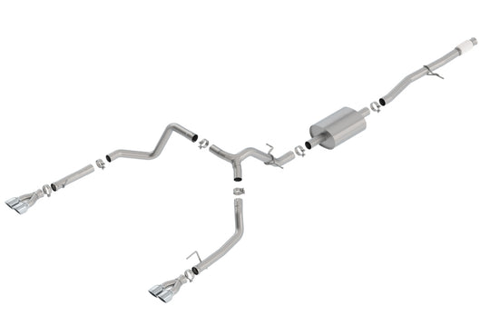 Borla cat-back exhaust system for 2019 Chevy Silverado 1500 V8 with quad square tips, showcasing the stainless steel pipes and tips.