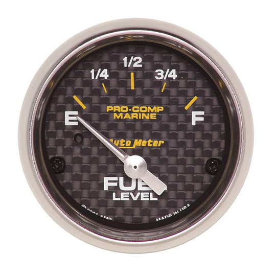 Autometer marine carbon fiber electric fuel level gauge with 2-1/16 inch display and 240-33 ohms resistance, featuring a sleek design.