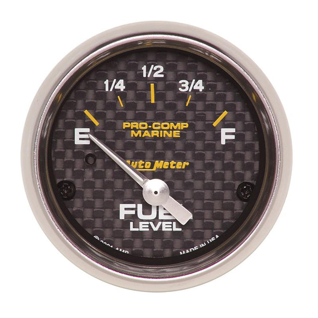 Autometer marine carbon fiber electric fuel level gauge with 2-1/16 inch display and 240-33 ohms resistance, featuring a sleek design.