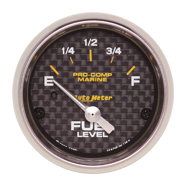 Autometer marine carbon fiber electric fuel level gauge with 2-1/16 inch display and 240-33 ohms resistance, featuring a sleek design.