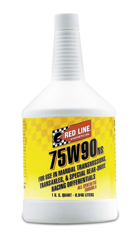 Red Line 75W90NS gear oil quart container, showing the product label and packaging for automotive transmission lubrication.