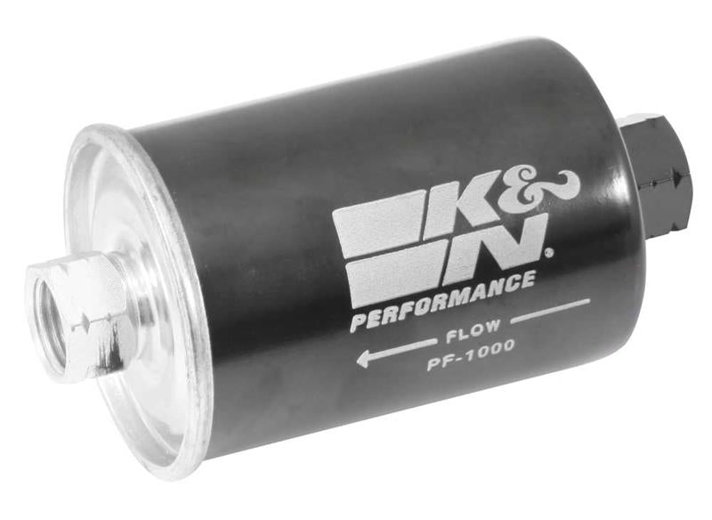 K&N Engineering cellulose media fuel filter with 2.125-inch diameter and 4.281-inch length, used for vehicle fuel filtration.