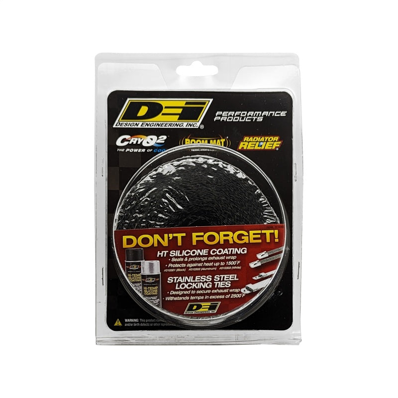 Black titanium DEI Exhaust Wrap 2in x 25ft wrapped around automotive exhaust pipes for heat insulation and protection.