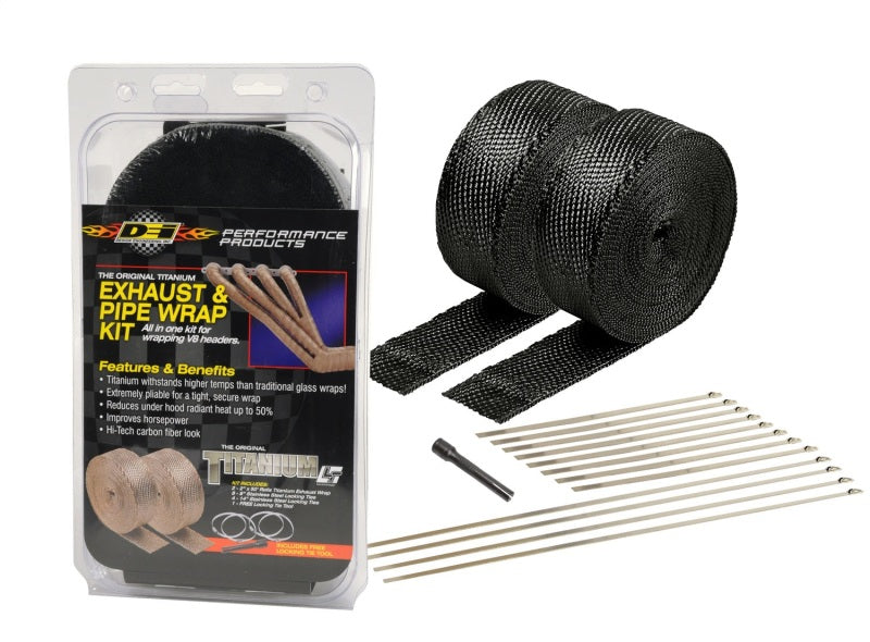 Black titanium DEI exhaust wrap with locking ties and tool, shown coiled around a car exhaust system for heat insulation.