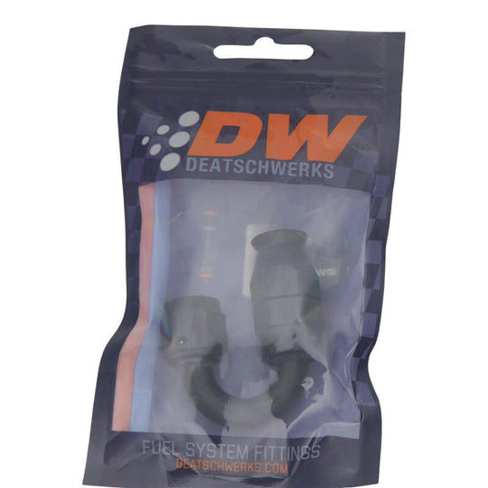 DeatschWerks 6AN female swivel hose end fitting in anodized matte black with PTFE and olive insert, designed for high-performance fuel systems.