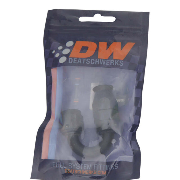 DeatschWerks 6AN female swivel hose end fitting in anodized matte black with PTFE and olive insert, designed for high-performance fuel systems.