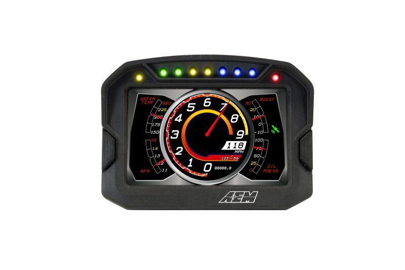 AEM CD-5LG carbon logging digital dash display with internal 10Hz GPS and antenna, showing gauges and digital readouts.