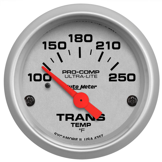 AutoMeter Ultra-Lite 52mm mechanical transmission temperature gauge displaying temperature range from 100 to 250°F.