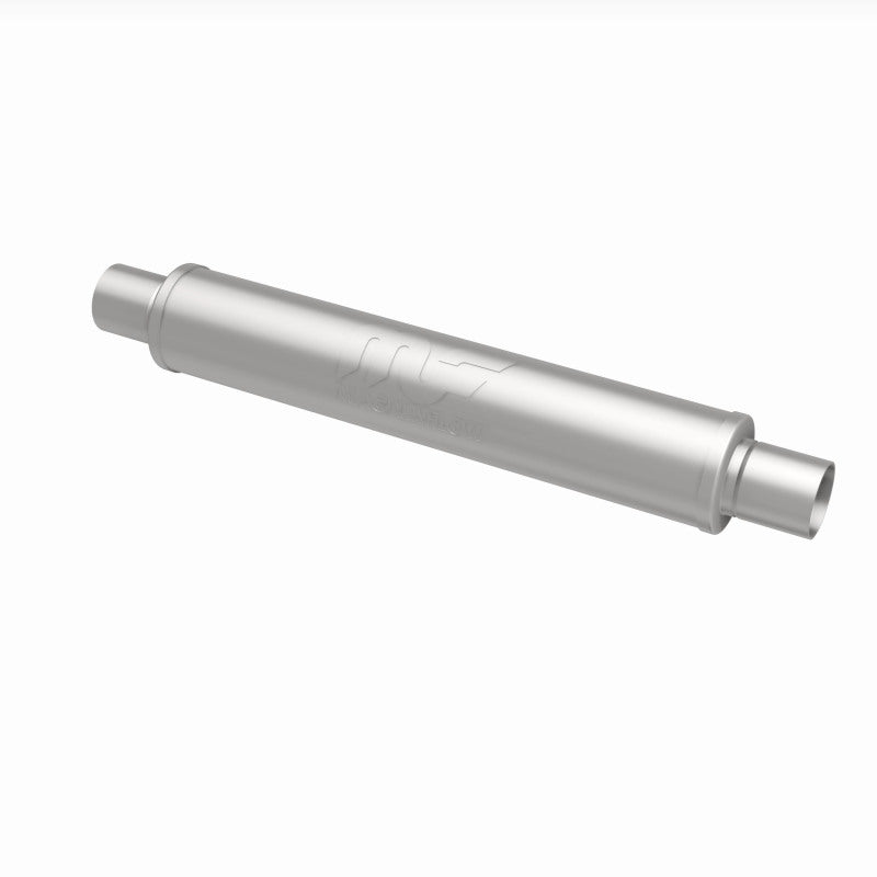 MagnaFlow Mag SS muffler with 22x4x4 inch dimensions, 2.5-inch inlet and outlet, showcasing its polished stainless steel construction.