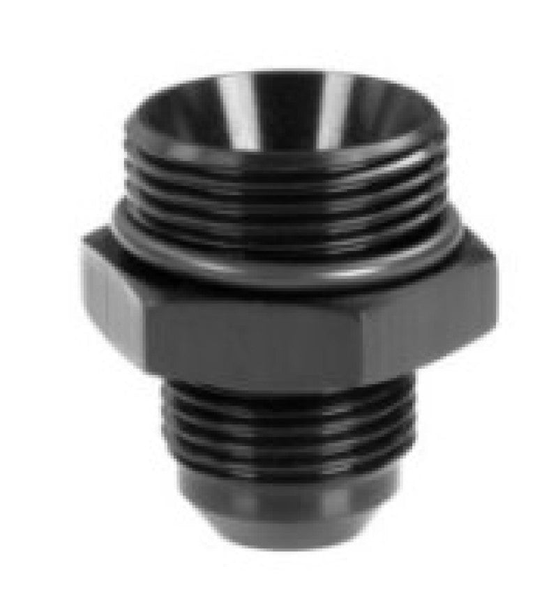 Aeromotive AN-16 ORB and AN-12 flare adapter fitting showing metal fittings with threaded ends for automotive fluid connections