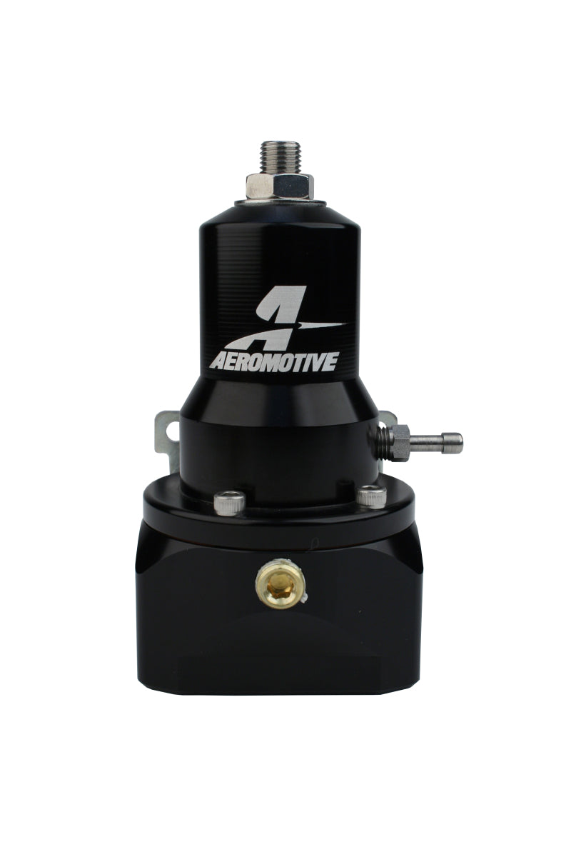 Aeromotive fuel pressure regulator with 30-120 PSI range, .500 valve, dual AN-10 inlets, and AN-10 bypass for performance vehicles.