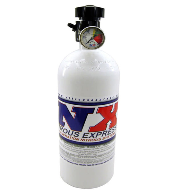 Nitrous Express 10lb nitrous bottle with Lightning 500 valve and gauge, measuring 6.89 inches diameter and 20.19 inches tall